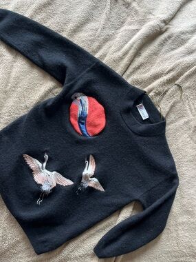 RED Valentino Black Sweater with Red Sun and Embroidered Cranes- cashmere
